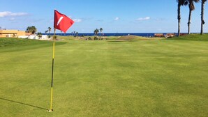 A golf course with a red flag on a yellow pole, palm trees, and a clear sky. - Luxury 3Bed Villa, Large Heated Pool, Wifi, Sun Terrace, Sea & Golf Course Views (Caleta De Fuste)