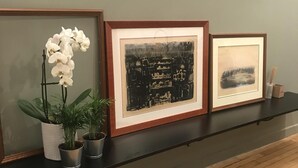 Ein Flur mit drei gerahmten Kunstwerken auf einem schwarzen Regal, einer Topfpflanze und Holzdielen.