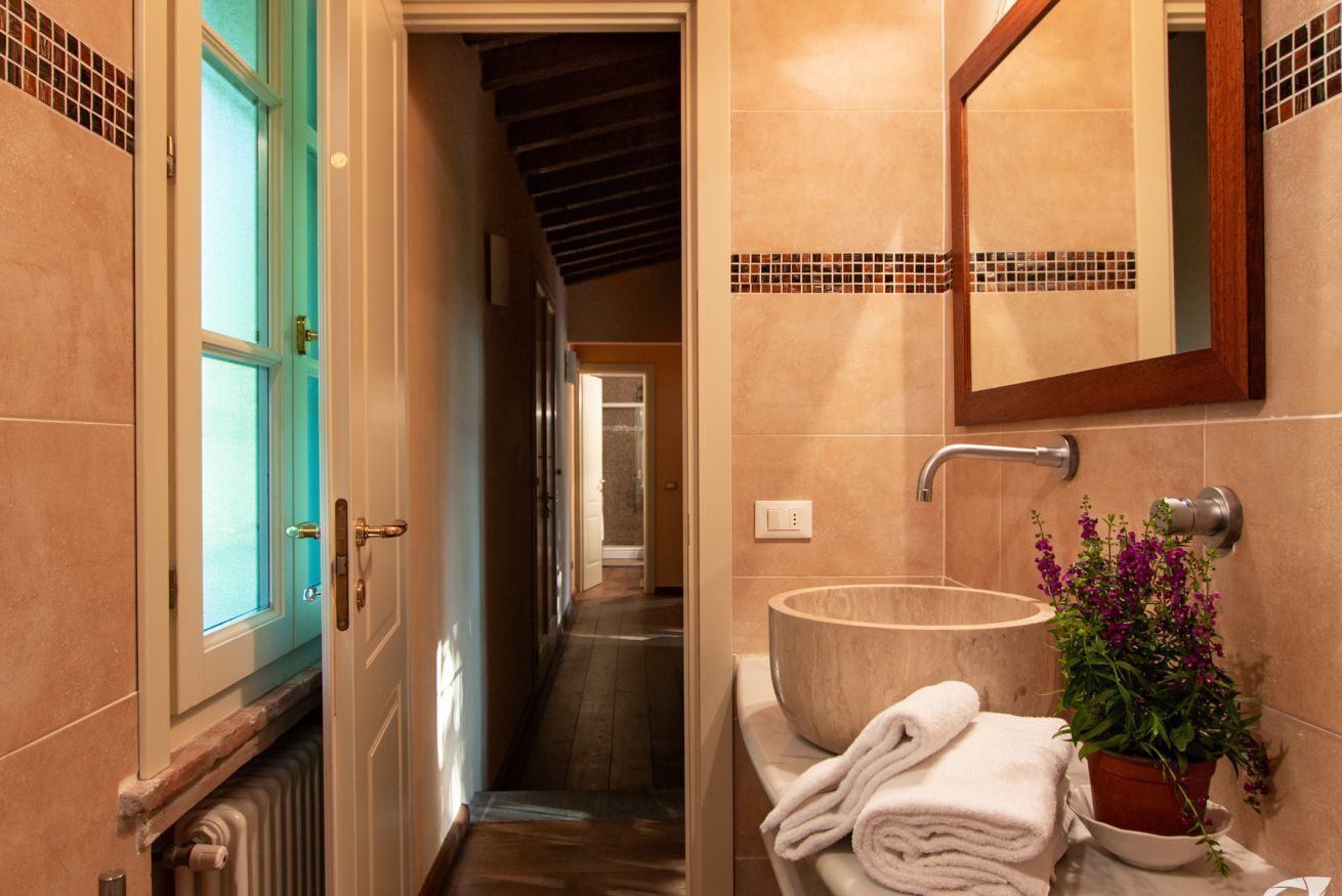 A bathroom with a large sink, a mirror, and a potted plant.