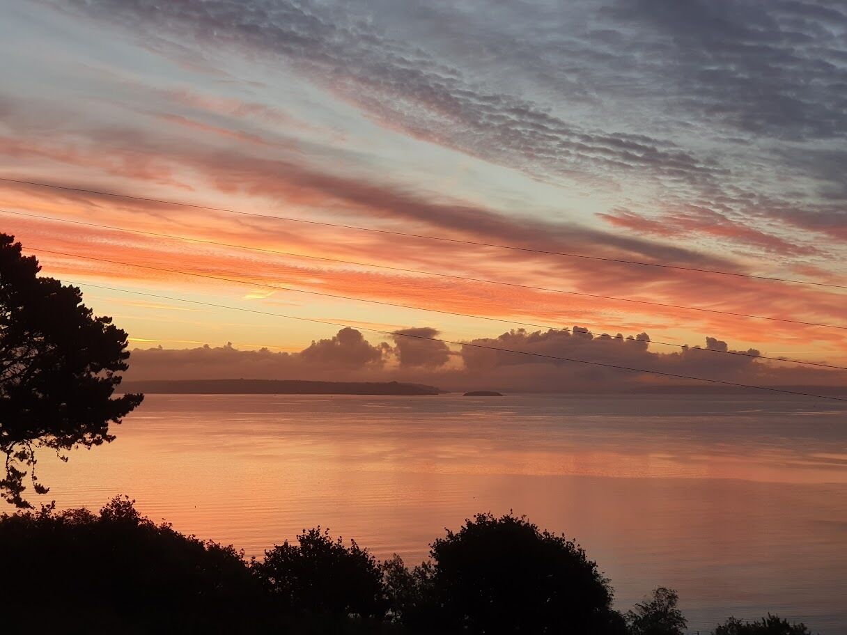 A sunset over a calm body of water with silhouettes of trees and distant land.