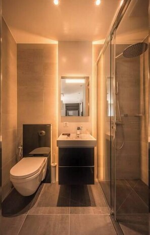 Combined shower/bathtub, hair dryer