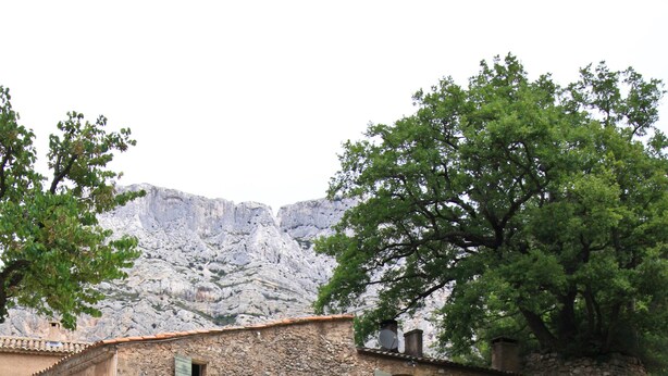 A stone building with a pool, steps leading to the building, and a mountain in the background. - LA FEUILLERE, 17 CENTURY MANSION.  (Saint Antonin sur Bayon)