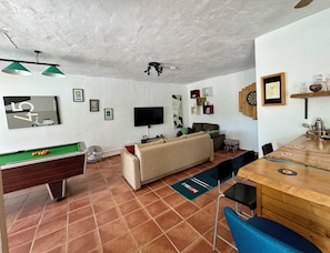 Smart TV, fireplace, video games, DVD player
