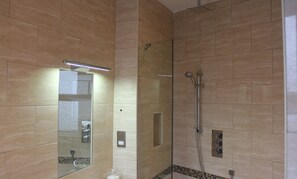 Combined shower/bathtub, rainfall showerhead, hair dryer, towels