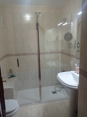Combined shower/tub, hair dryer, bidet, towels