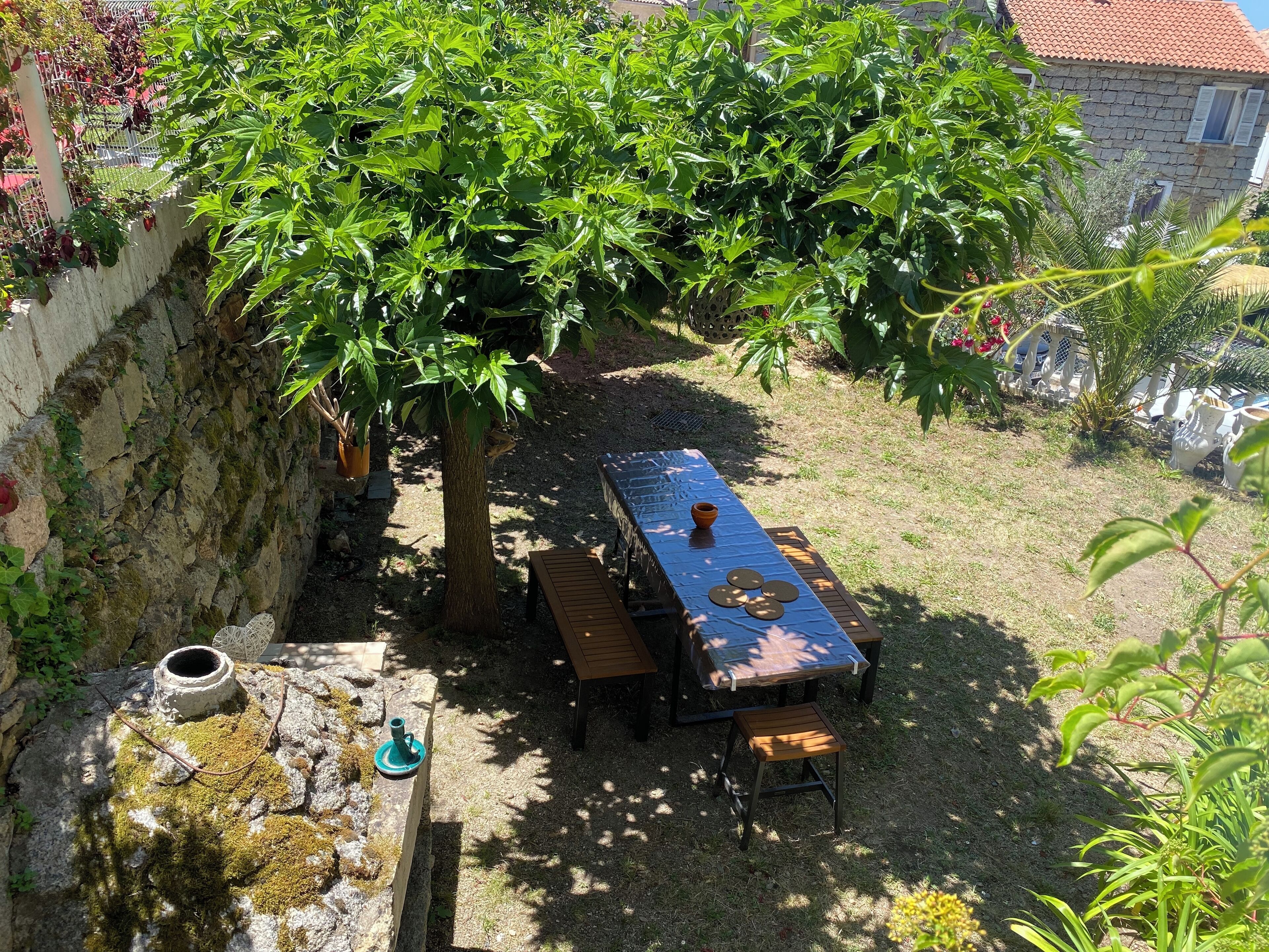 An outdoor dining area with a table and chairs, surrounded by greenery and a stone wall.