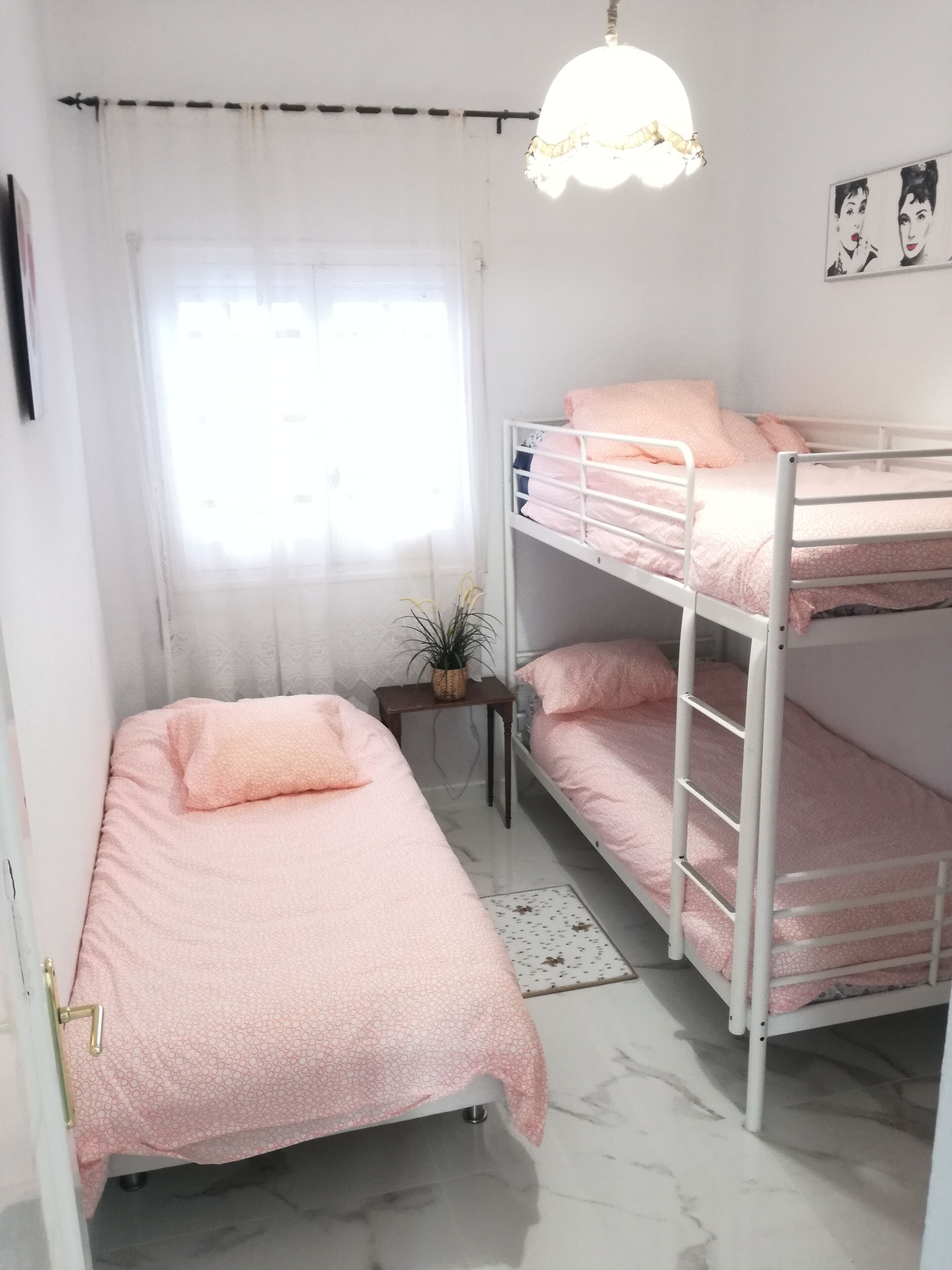 A bedroom with bunk beds, a small bedside table with a plant, and a window with sheer curtains.