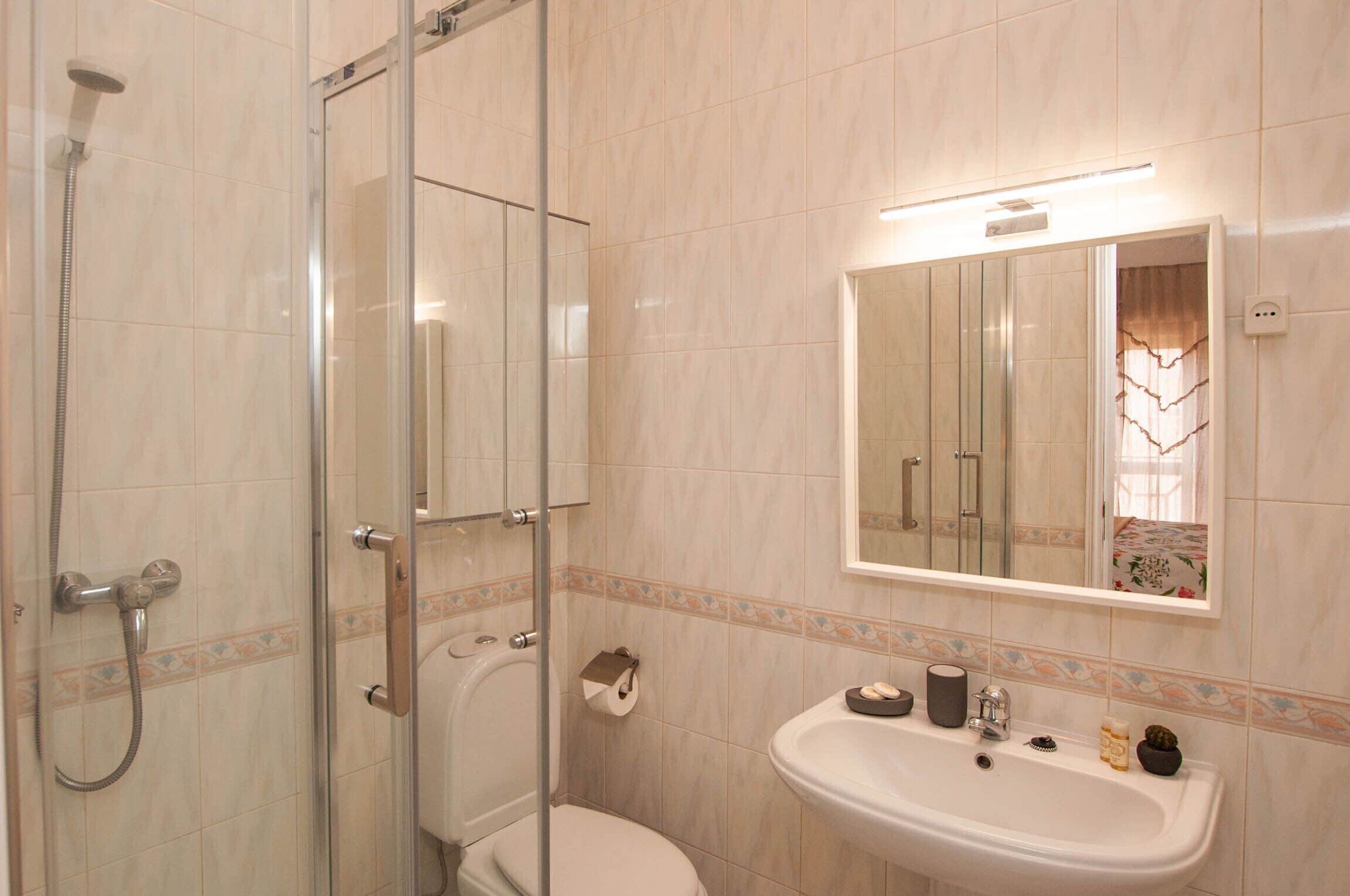 Baignoire, sèche-cheveux, serviettes fournies, shampoing