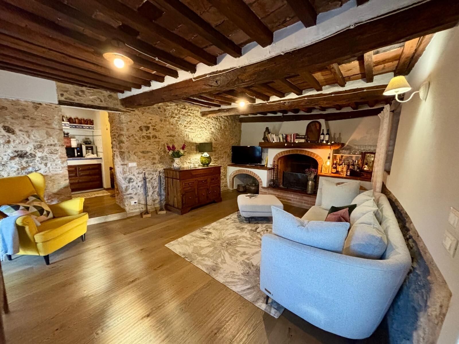 Fernseher, Kamin, Bücher, Videothek