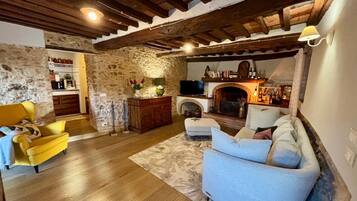 Fernseher, Kamin, BĂŒcher, Videothek