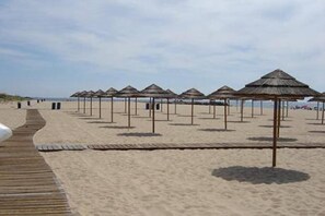 A beach with a wooden boardwalk and rows of thatched umbrellas. - Apartment description (Tavira)