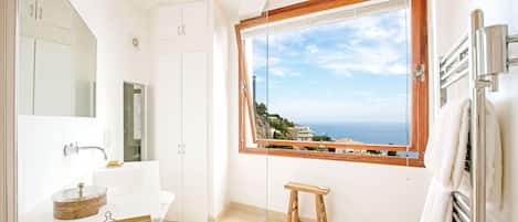 Combined shower/tub, hair dryer, towels, soap