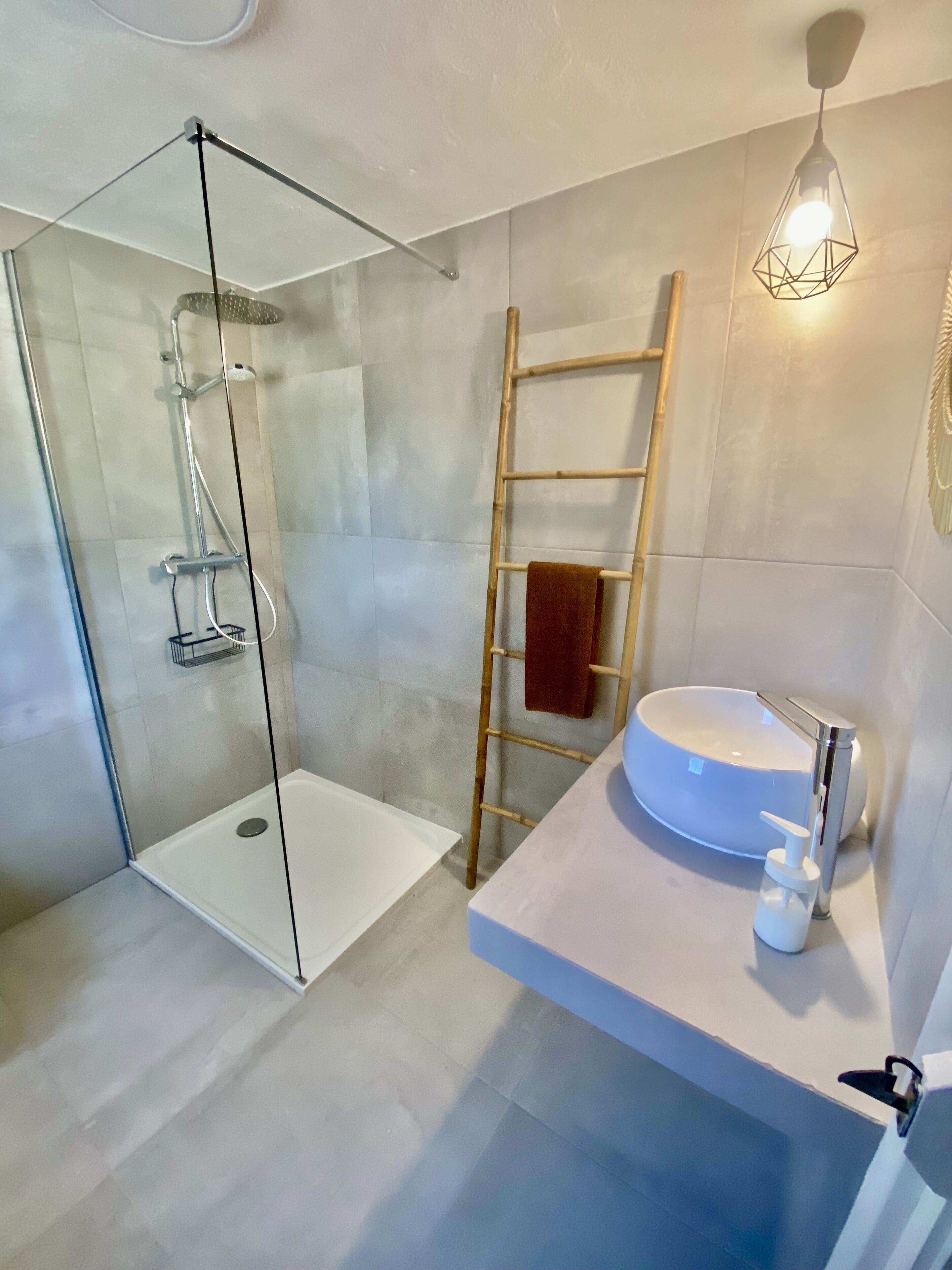 Combined shower/tub, hair dryer, bidet, towels
