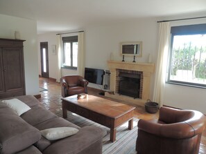 Smart-TV, Kamin, Bücher, Musikbibliothek