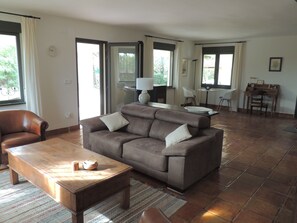 Älytelevisio, takka, kirjoja, musiikkikirjasto