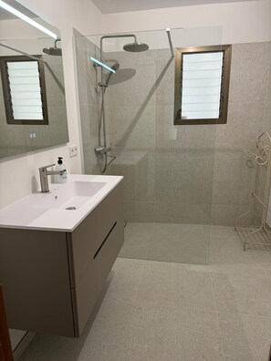 Chuveiro, secador de cabelo, toalhas de banho, papel higiênico