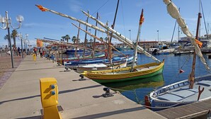 Un puerto deportivo con varias embarcaciones amarradas, un paseo peatonal y cielo despejado.