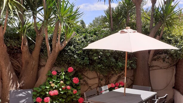 Un patio al aire libre con una mesa y sillas, rodeado de abundante vegetación y plantas con flores.
