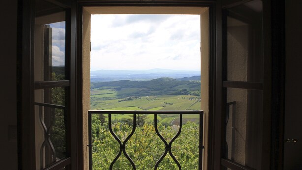 A view through an open door with a balcony, overlooking a green landscape with hills and a cloudy sky.