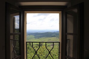 A view through an open door with a balcony, overlooking a green landscape with hills and a cloudy sky.
