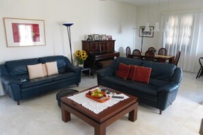 Smart-TV, peis, DVD-spiller og bøker