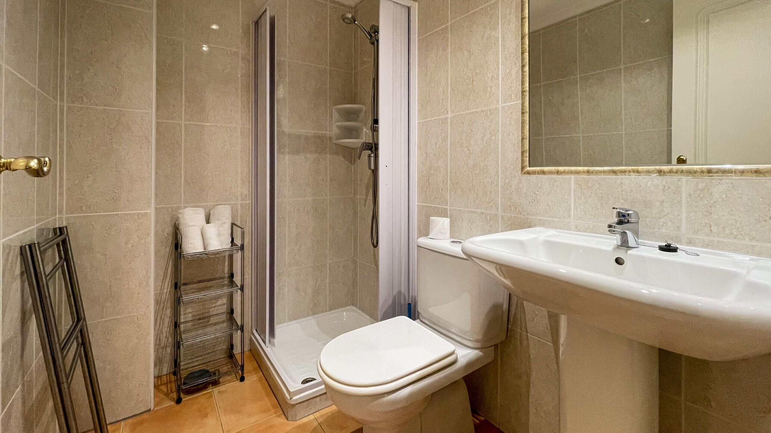 Une salle de bain avec douche, toilettes et lavabo.