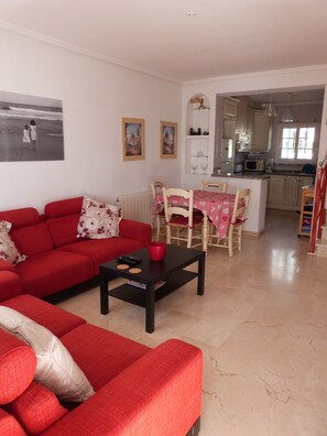 Een televisie, een open haard, boeken en een stereo