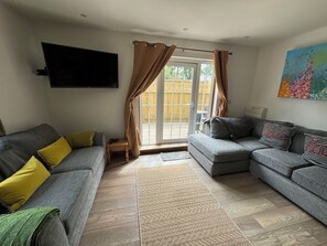 Télévision, cheminée, lecteur de DVD, livres