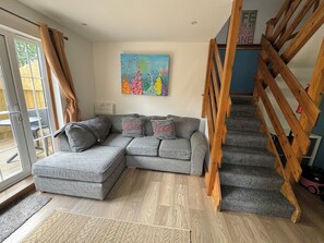 Télévision, cheminée, lecteur de DVD, livres