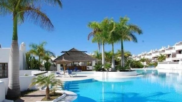 A swimming pool surrounded by palm trees and white buildings.