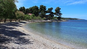 A pebbled beach with clear water, trees, and a distant shoreline.