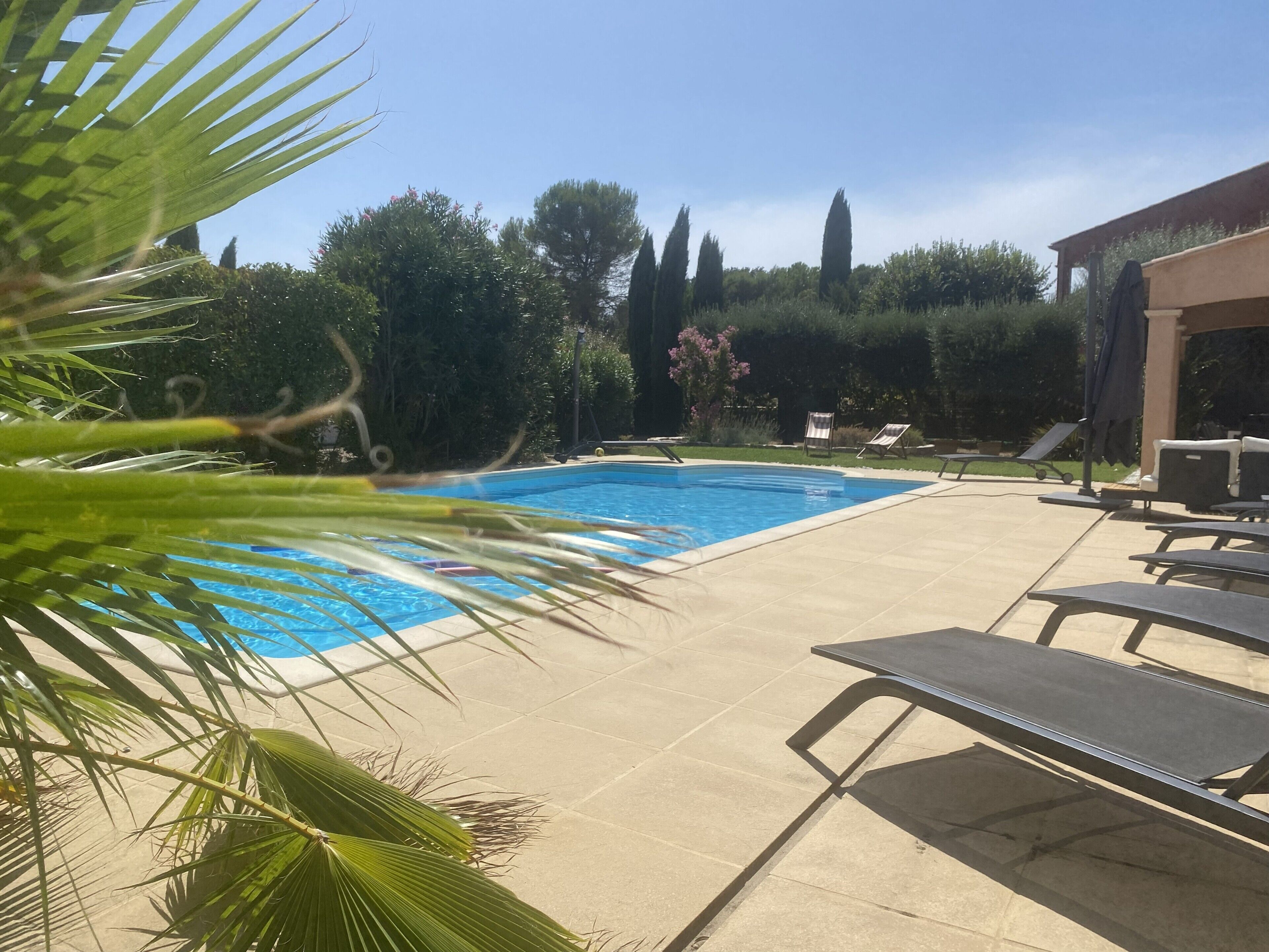Ein Pool mit Liegestühlen und einer Pergola in einer angelegten Außenanlage.