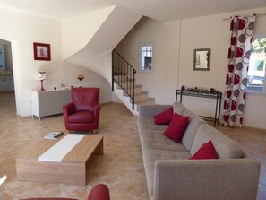 Télévision, lecteur de DVD, table de tennis de table, livres