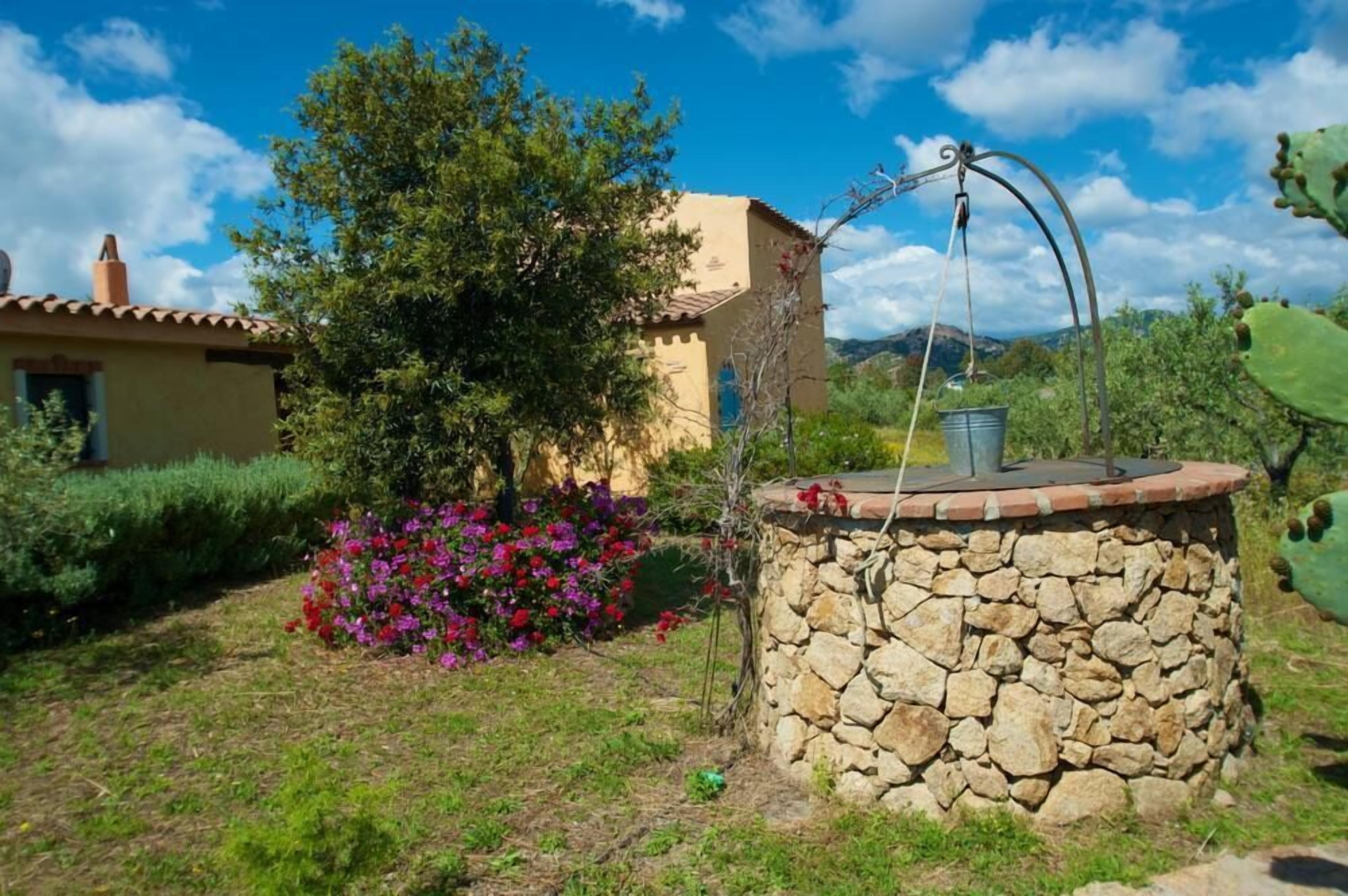 Un pozo de piedra con un cubo de metal, rodeado de un jardín con plantas florecientes y un árbol.