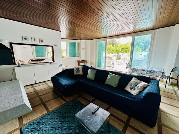 Una sala de estar acogedora con un sofá azul oscuro, una mesita de centro y un televisor sobre un mueble blanco. Hay ventanas con contraventanas verdes, un balcón con mobiliario exterior y un techo de madera.