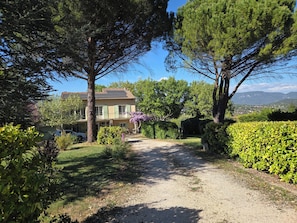 Une maison avec une allée en gravier, entourée de verdure et d’arbres.
