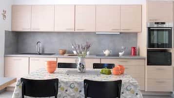 Frigorífico, microondas, horno y placa de cocina