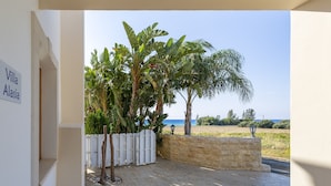 Una villa llamada 'Villa Alasia' con un patio empedrado, valla blanca y plantas tropicales.