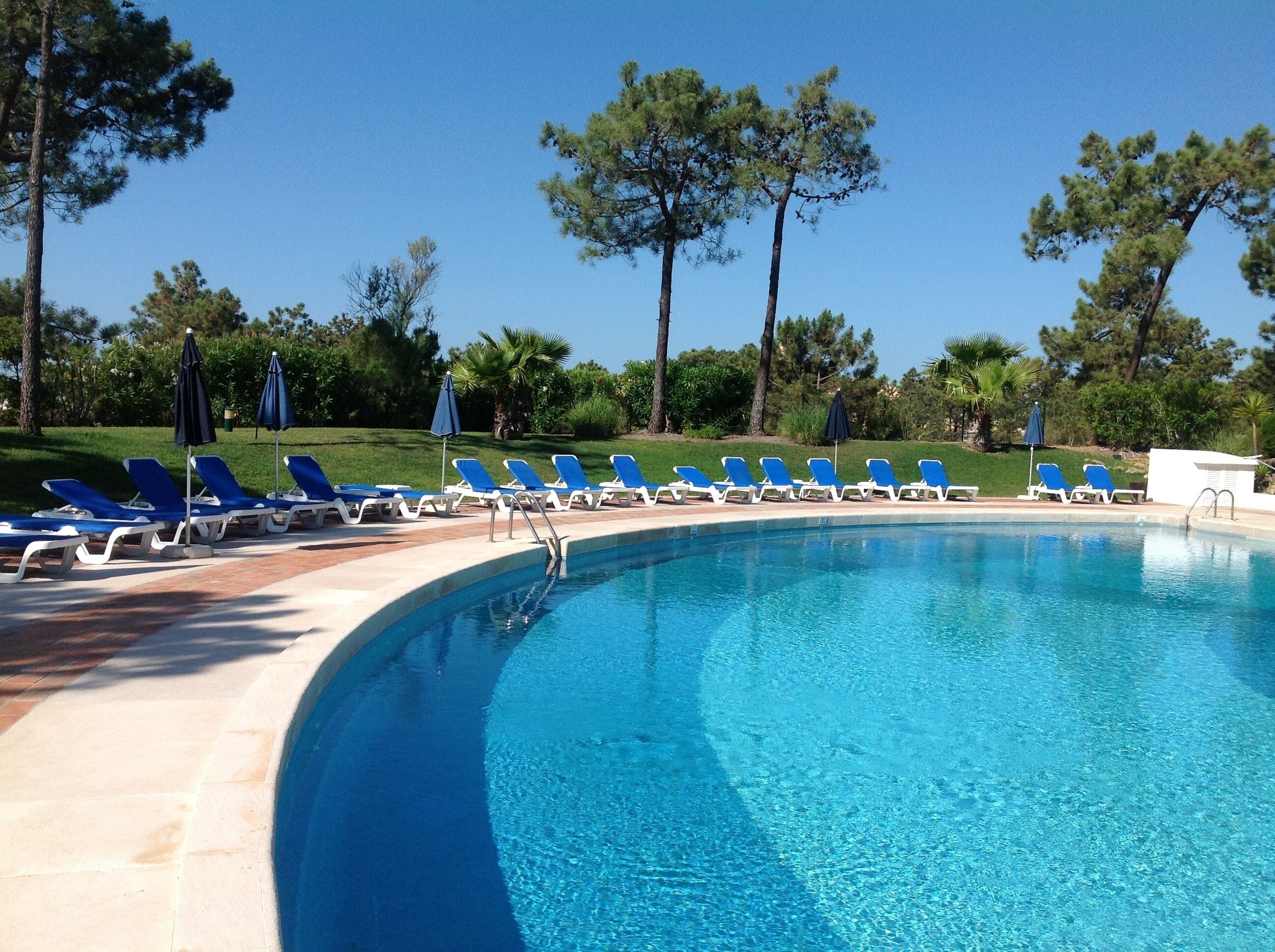 Zona de piscina con sillas reclinables azules y sombrillas, rodeada de árboles y un cielo despejado.