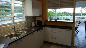 Cocina con lavaplatos, microondas y armarios. Se ve un balcón y vegetación por la ventana.