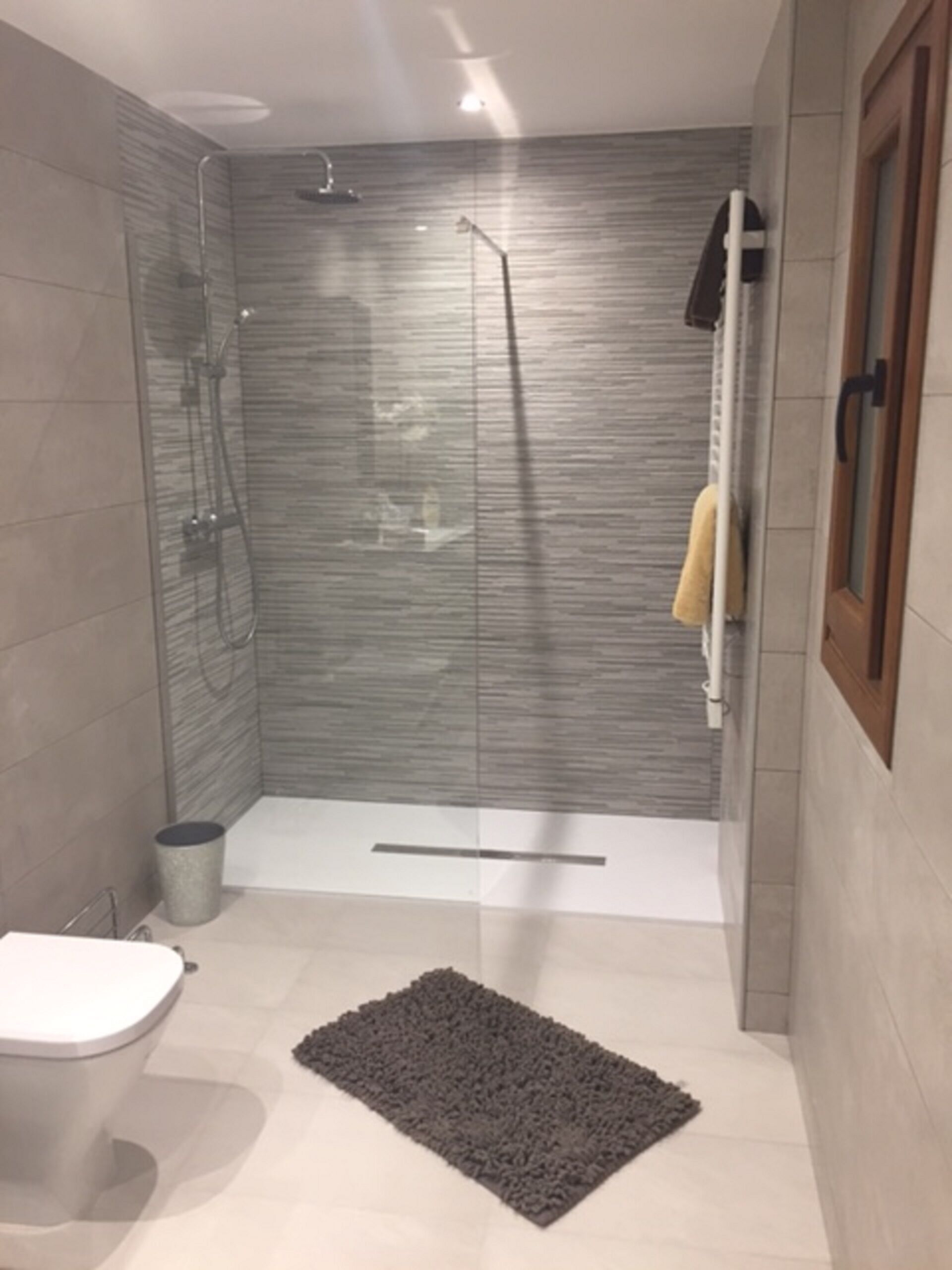 Un baño moderno con ducha de vidrio, un inodoro y un tapete oscuro en el suelo.