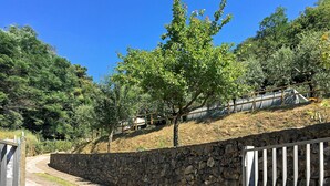A stone pathway leading through a landscaped area with a stone wall and metal gates.
