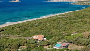 Una propiedad costera con piscina, rodeada de abundante vegetación y con vistas a una playa y al océano.