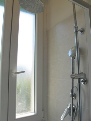 Shower, hair dryer, bidet, towels