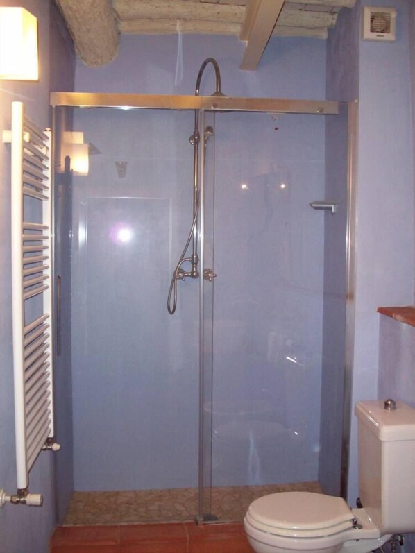 A small bathroom with a shower, toilet, and radiator.