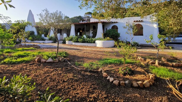 A white building with a tiled roof, surrounded by a garden with various plants and a stone pathway. - Villa - Eden Rock - Santa Margherita di Pula - House with garden (Domus de Maria)