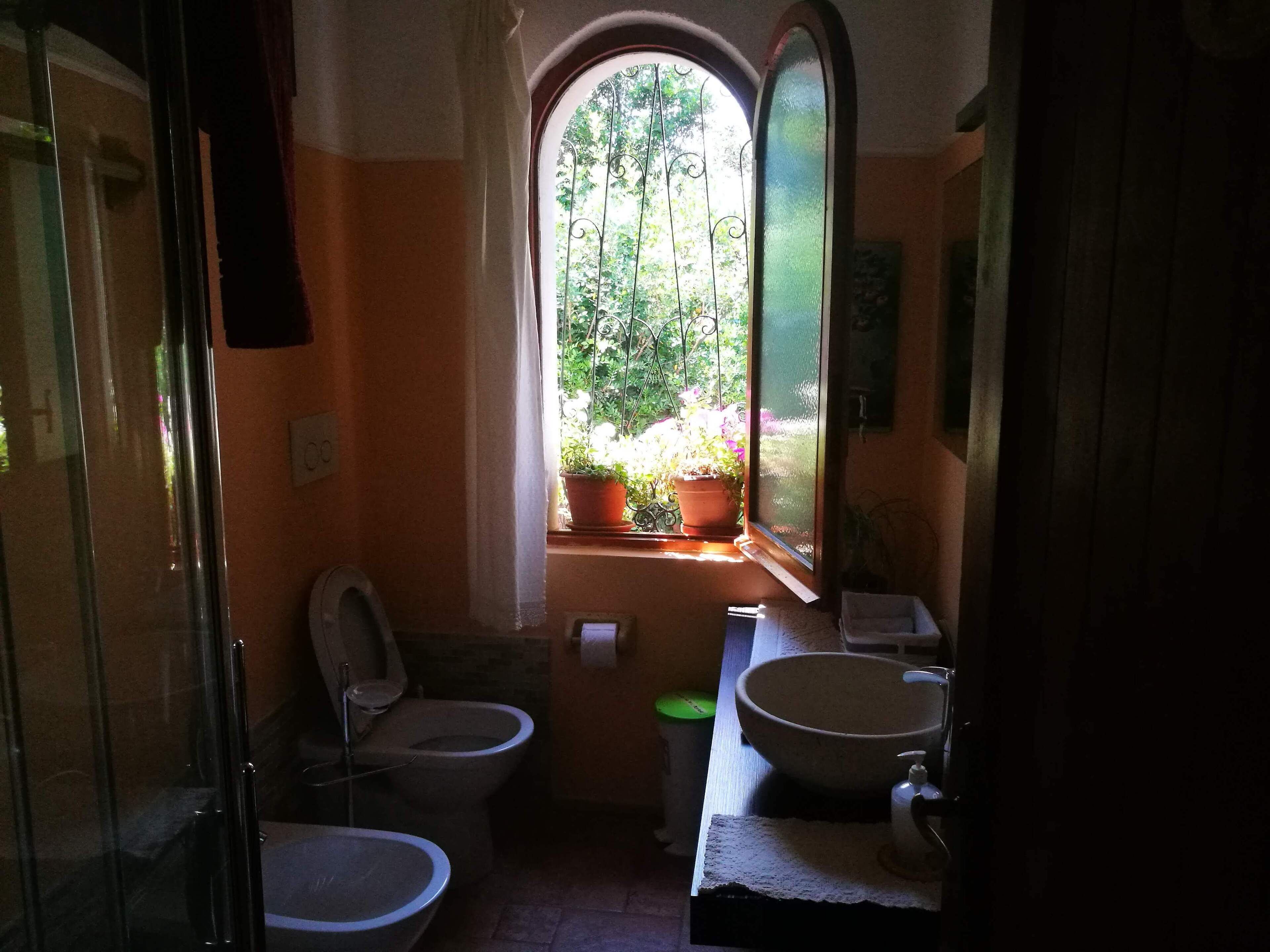 A compact bathroom with a window, two toilets, a sink, and a shower.