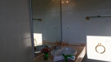 Combined shower/bathtub, hair dryer, bidet, towels