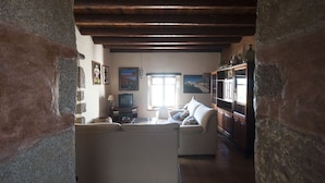 Een gezellige woonkamer met een open haard, een bank, een televisie en een boekenplank.