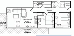 A floor plan with a lounge/diner, two bedrooms, a bathroom, a utility room, and two sun decks.